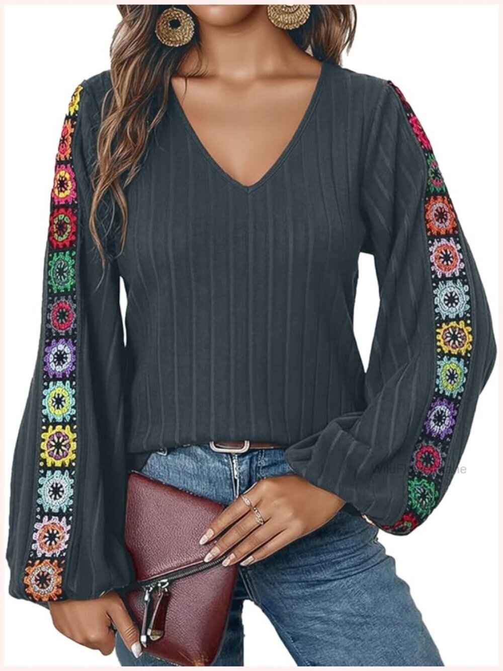 Floral Embroidery V Neck Long Sleeve Lantern Sleeve Boho Blouse Dressy Casual
